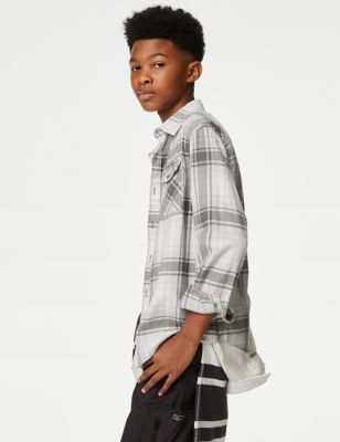 M&S Boys 2pc Pure Cotton Checked Shirt and T-Shirt (6-16 Yrs) - 7-8 Y - Grey Mix, Grey Mix