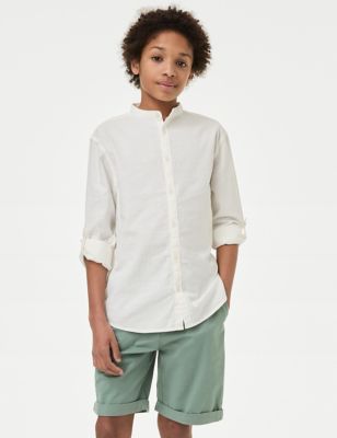 M&S Boys Cotton Rich Grandad Shirt (6-16 Yrs) - 7-8 Y - White, White,Pink