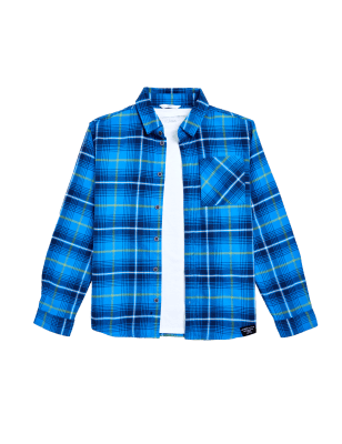 

M&S Collection Conjunto de 2 piezas de camiseta y camisa de cuadros 100% algodón (6-16 años) - Blue Mix, Blue Mix