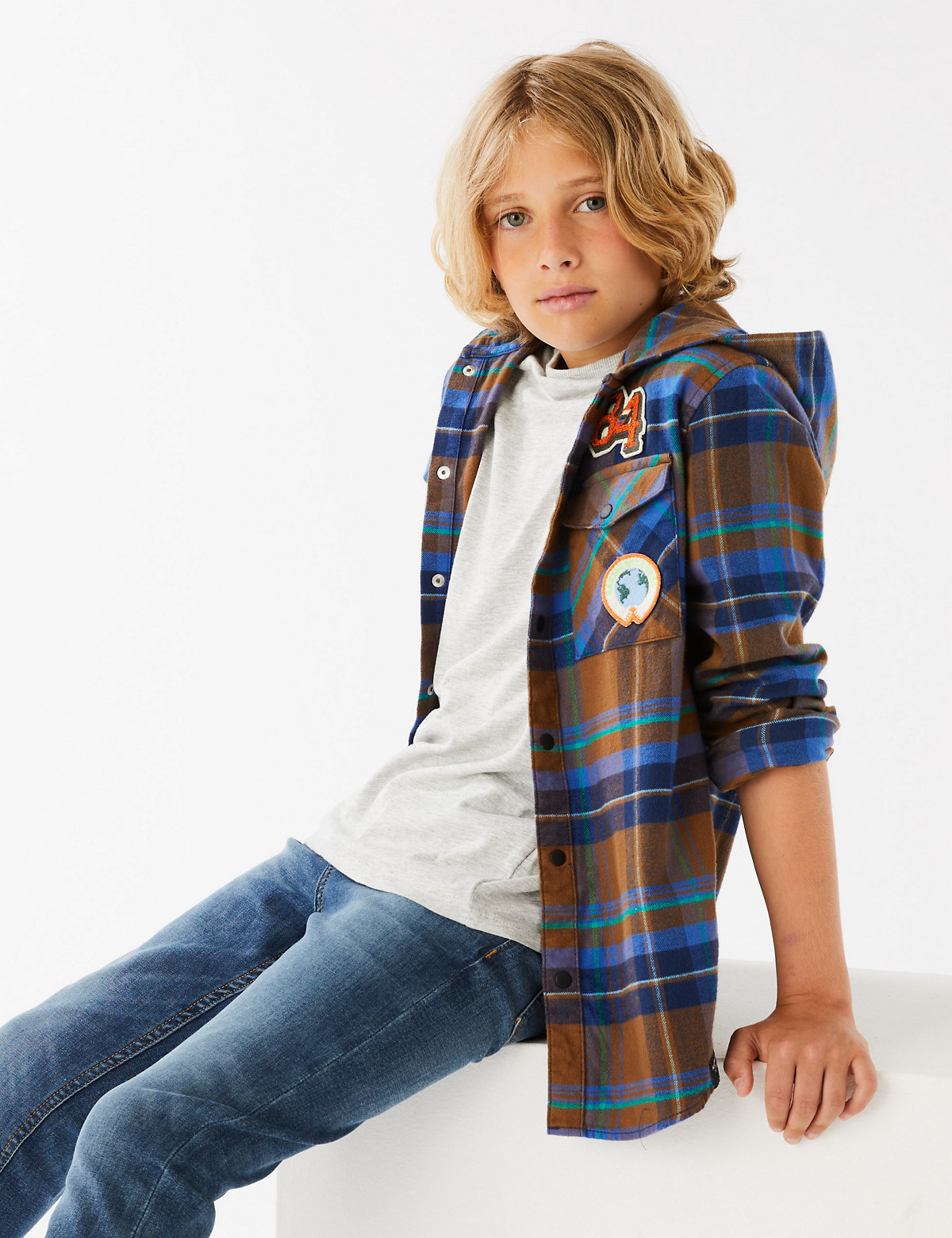 Pure Cotton Checked Hooded Shirt and T-Shirt