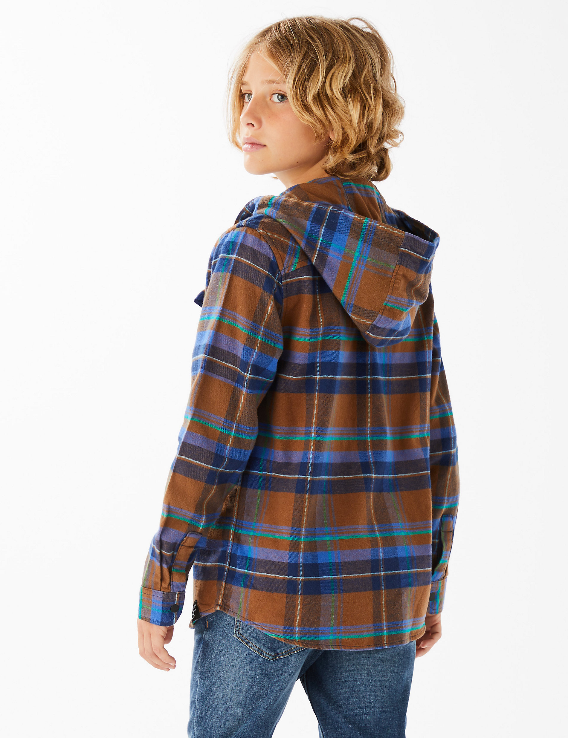 Pure Cotton Checked Hooded Shirt and T-Shirt (6-16 Yrs)