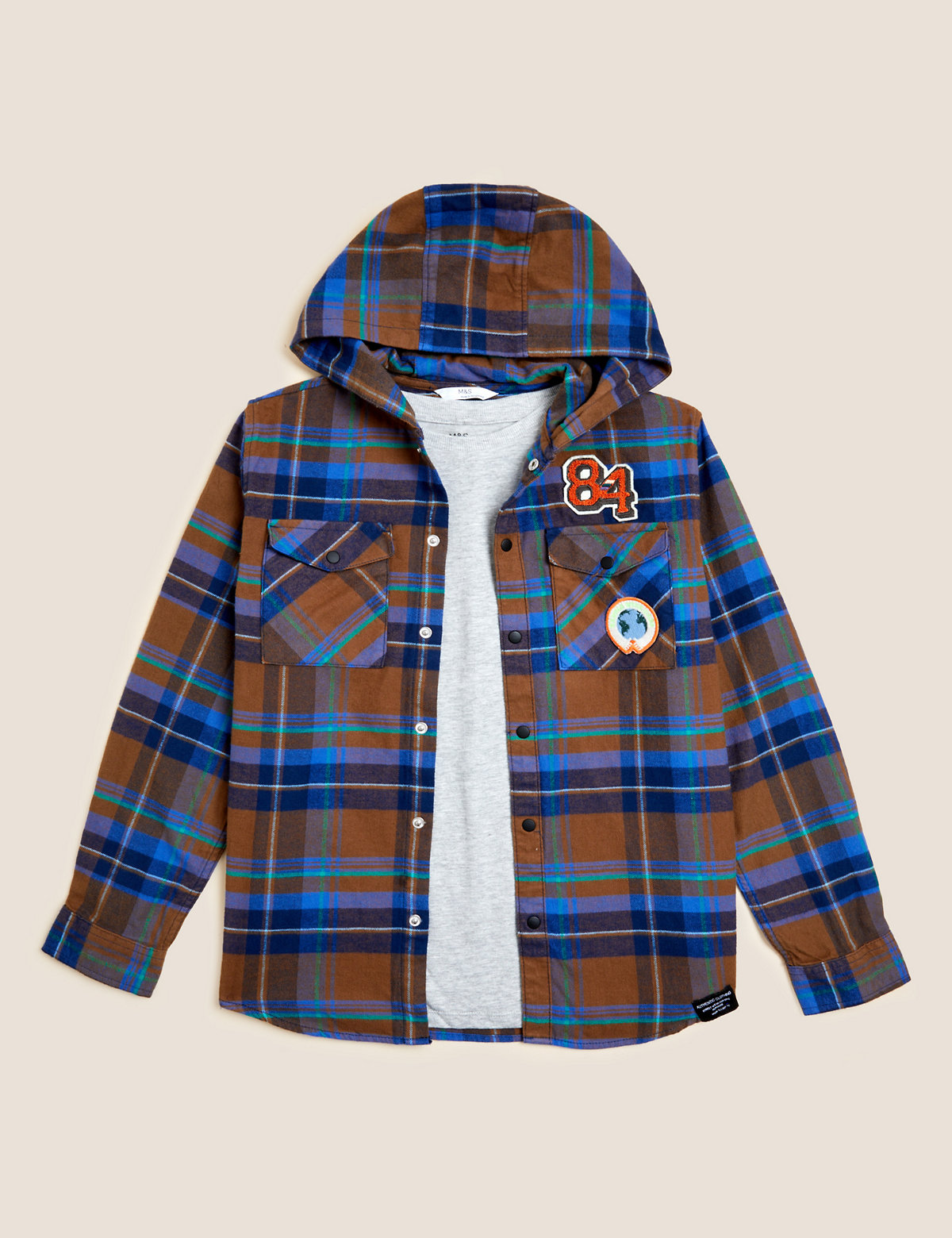 Pure Cotton Checked Hooded Shirt and T-Shirt