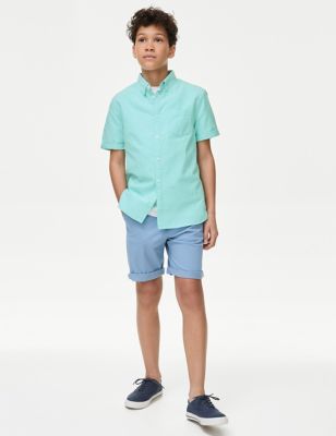 M&S Boys Pure Cotton Plain Shirt (6-16 Yrs) - 7-8 Y - Mint, Mint,White,Soft Pink,Lilac,Blue