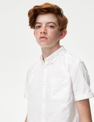 M&S Boys Pure Cotton Plain Shirt (6-16 Yrs) - 9-10Y - White, White,Mint,Soft Pink,Lilac,Blue