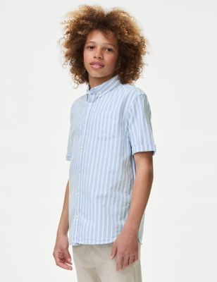M&S Boys Pure Cotton Striped Shirt (6-16 Yrs) - 6-7 Y - Blue Mix, Blue Mix