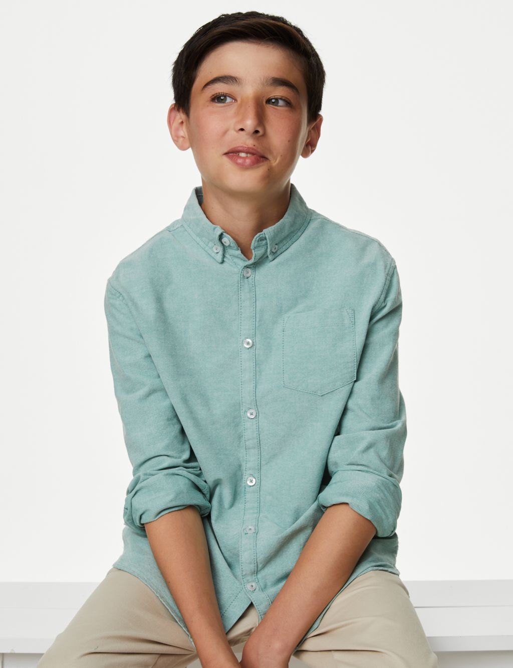 Shirt in Linen/Cotton, Mandarin Collar, Long Sleeves, for Boys - green,  Boys