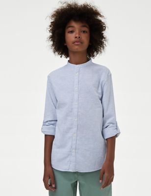M&S Boys Cotton Rich Textured Shirt (6-16 Yrs) - 14-15 - Blue, Blue