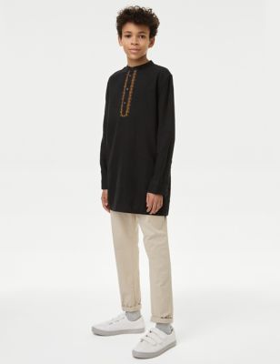 M&S Boy's Linen Rich Embroidered Eid Kurta (2-16 Yrs) - 5-6 Y - Black, Black