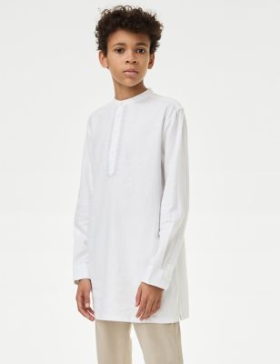 M&S Boy's Linen Rich Embroidered Eid Kurta (2-16 Yrs) - 11-12 - White, White,Black