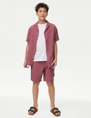 M&S Boy's Pure Cotton Double Cloth Shorts (6-16 Yrs) - 13-14 - Berry, Berry,Smokey Green