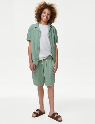 M&S Boys Pure Cotton Double Cloth Shorts (6-16 Yrs) - 6-7 Y - Smokey Green, Smokey Green