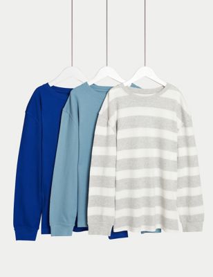 M&S Boys 3pk Pure Cotton Waffle Striped Tops (6-16 Yrs) - 7-8 Y - Blue Mix, Blue Mix