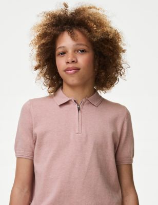 M&S Boys Pure Cotton Knitted Polo Shirt (6-16 Yrs) - 7-8 Y - Dusty Pink, Dusty Pink,Light Blue