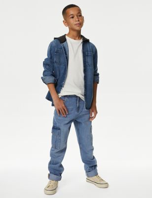 M&S Boys Relaxed Denim Cargo Jeans (6-16 Yrs) - 7-8 Y - Blue Denim, Blue Denim
