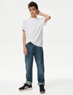 M&S Boy's Relaxed Pure Cotton Jeans (6-16 Yrs) - 6-7 Y - Dark Denim, Dark Denim