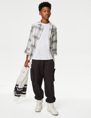 M&S Boys Relaxed Pure Cotton Cargo Trousers (6-16 Yrs) - 11-12 - Carbon, Carbon,Sage Green