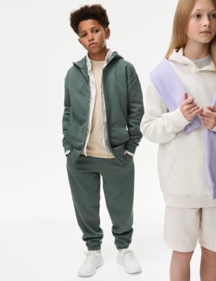 M&S Boys Cotton Rich Joggers (2-16 Yrs) - 7-8 Y - Dark Sage, Dark Sage,Putty