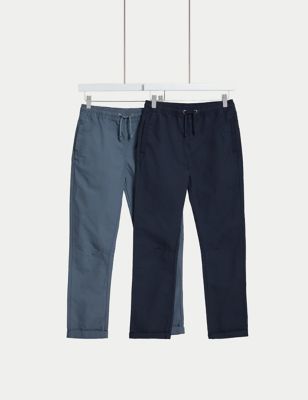 M&S Boys 2pk Pure Cotton Trousers (6-16 Yrs) - 6-7 Y - Navy Mix, Navy Mix