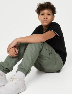 M&S Boy's Pure Cotton Cargo Trousers (6-16 Yrs) - 11-12 - Sage Green, Sage Green,Charcoal