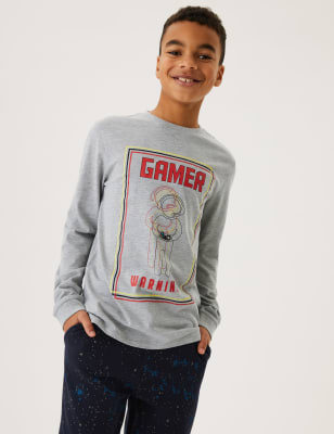 

M&S Collection Oberteil mit hohem Baumwollanteil und Gamer-Motiv (6-16 J.) - Grey Marl, Grey Marl