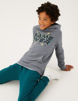 

Boys M&S Collection Cotton Rich Game Over Slogan Hoodie - Pewter, Pewter