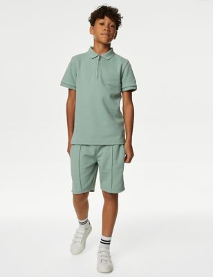 M&S Boys Cotton Blend Polo Shirt and Shorts Set (6-16 Yrs) - 6-7 Y - Willow Green, Willow Green,Navy