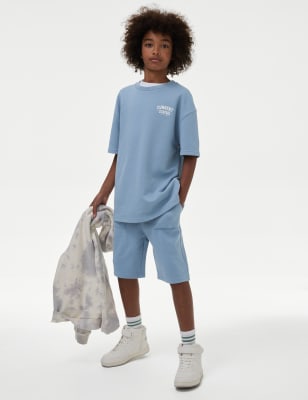 M&S Boy's 2pc Cotton Blend T-Shirt & Short Set (6-16 Yrs) - 7-8 Y - Light Steel Blue, Light Steel Bl