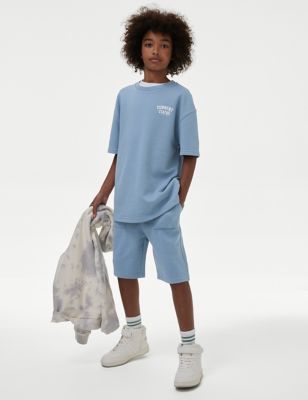 M&S Boys 2pc Cotton Blend T-Shirt & Short Set (6-16 Yrs) - 7-8 Y - Light Steel Blue, Light Steel Blu