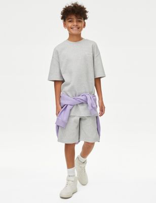 M&S Boys 2pc Cotton Blend T-Shirt & Short Set (6-16 Yrs) - 11-12 - Grey Marl, Grey Marl,Light Steel 