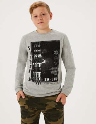 

M&S Collection Top 100% algodón con diseño del espacio (6-16 años) - Grey Marl, Grey Marl