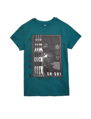 Boys M&S Collection Cotton Rich Space Graphic T-Shirt (6-16 Yrs) - Petrol Green
