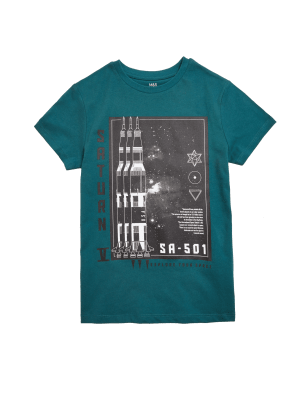 

Boys M&S Collection Cotton Rich Space Graphic T-Shirt (6-16 Yrs) - Petrol Green, Petrol Green