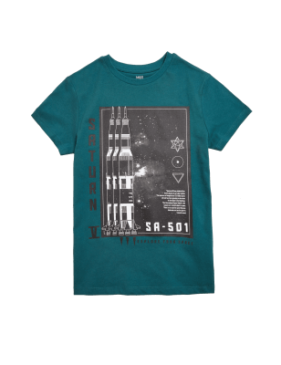 Boys M&S Collection Cotton Rich Space Graphic T-Shirt (6-16 Yrs) - Petrol Green