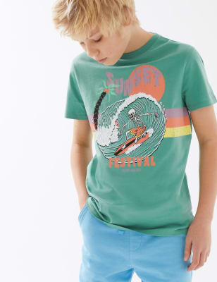 

M&S Collection T-Shirt aus reiner Baumwolle mit Schriftzug „Sunset Festival“ (6-16 J.) - Green, Green