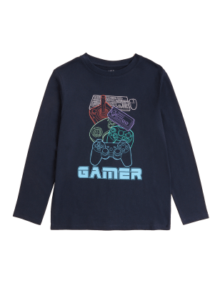 

M&S Collection Oberteil aus reiner Baumwolle mit Schriftzug „Gamer“ (6-16 Jahre) - Navy, Navy