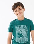 純棉 Gaming Nation 文字圖案 T 恤（6 至 16 歲）