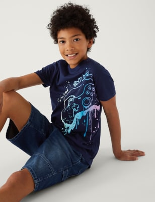 

M&S Collection T-Shirt aus reiner Baumwolle mit Spielkonsolen-Motiv (6-16 J.) - Navy, Navy