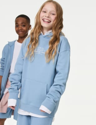 M&S Cotton Rich Hoodie (6-16 Yrs) - 6-7 Y - Light Steel Blue, Light Steel Blue,Ecru,Dusted Aqua