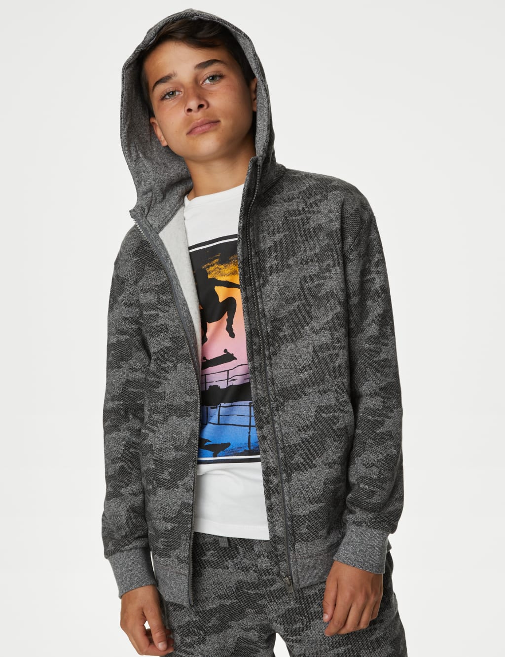 Cotton Rich Patterned Zip Hoodie (6-16 Yrs) image 1