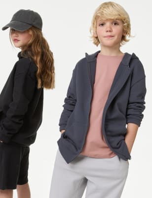 M&S Cotton Rich Plain Zip Hoodie (6-16 Yrs) - 6-7 Y - Dark Grey, Dark Grey,Light Steel Blue,Putty