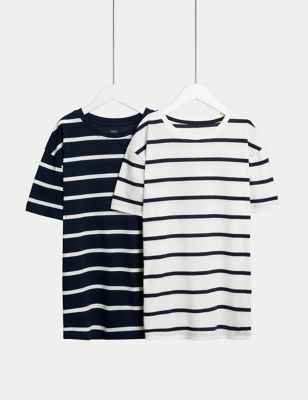 M&S Boys 2pk Pure Cotton Striped T-Shirts (6-16 Yrs) - 6-7 Y - Navy Mix, Navy Mix