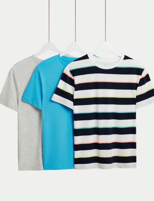 M&S Boy's 3pk Cotton Rich Plain & Striped T-Shirts (6-16 Yrs) - 13-14 - Blue Mix, Blue Mix