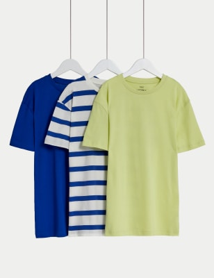 3pk Pure Cotton Plain & Striped T-Shirts (6-16 Yrs)