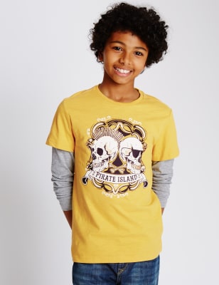 (5-14 Pirate Island Pure Cotton Mock T-Shirt Years) Sleeved