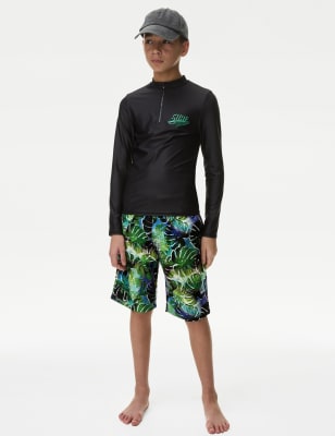 M&S Boys Leaf Print Board Swim Short (2-16 Yrs) - 7-8 Y - Green Mix, Green Mix