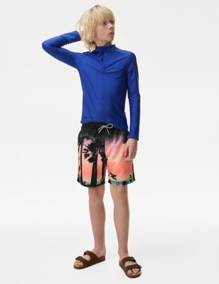M&S Boy's Palm Tree Print Swim Shorts (6-16 Yrs) - 6-7 Y - Coral Mix, Coral Mix