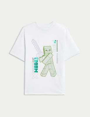 M&S Boys Pure Cotton Minecraft T-Shirt (6-16 Yrs) - 7-8 Y - White, White
