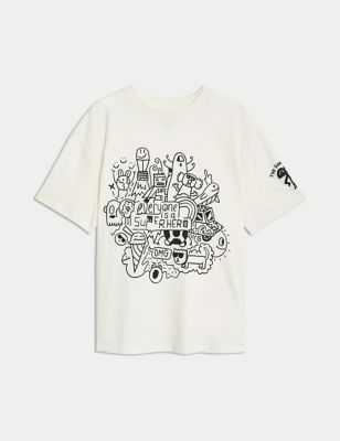 M&S Pure Cotton Doodle T-Shirt (6-16 Years) - 8-9 Y - White, White