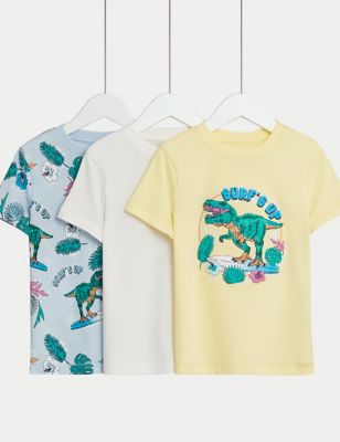 M&S Boys 3pk Pure Cotton Dinosaur T-Shirts (2-8 Yrs) - 2-3 Y - Multi, Multi