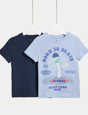 

M&S Collection Pack de 2 camisetas 100% algodón lisas y con diseño de skate (2-8 años) - Blue Mix, Blue Mix